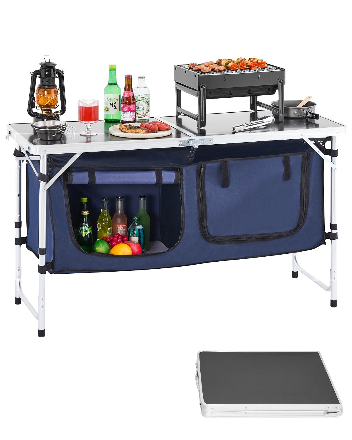 Folding camping kitchen table with adjustable height – 3 positions, portable cooking station