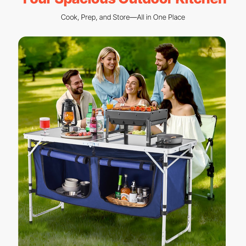 Saliekams kempinga virtuves galds ar regulējamu augstumu – 3 pozīcijas, portatīva gatavošanas stacija