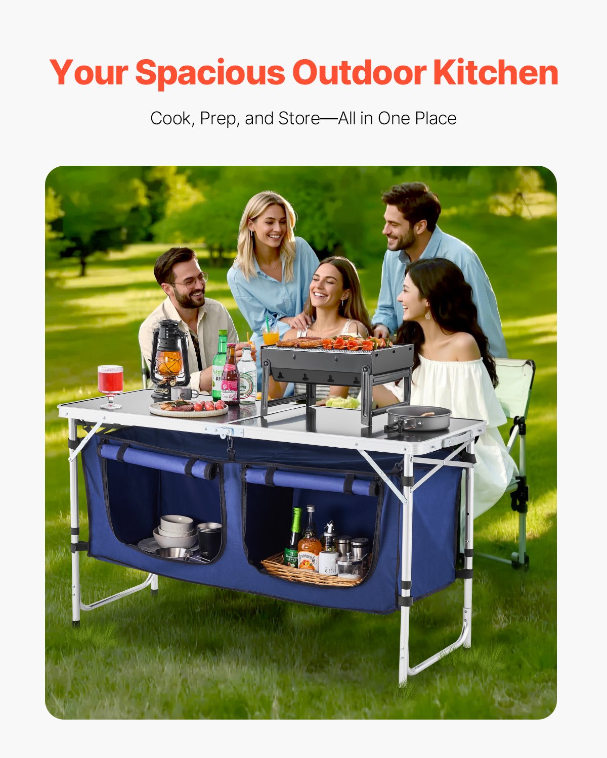 Folding camping kitchen table with adjustable height – 3 positions, portable cooking station