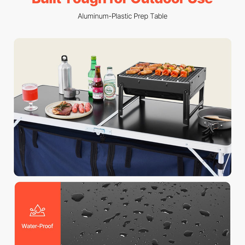 Saliekams kempinga virtuves galds ar regulējamu augstumu – 3 pozīcijas, portatīva gatavošanas stacija