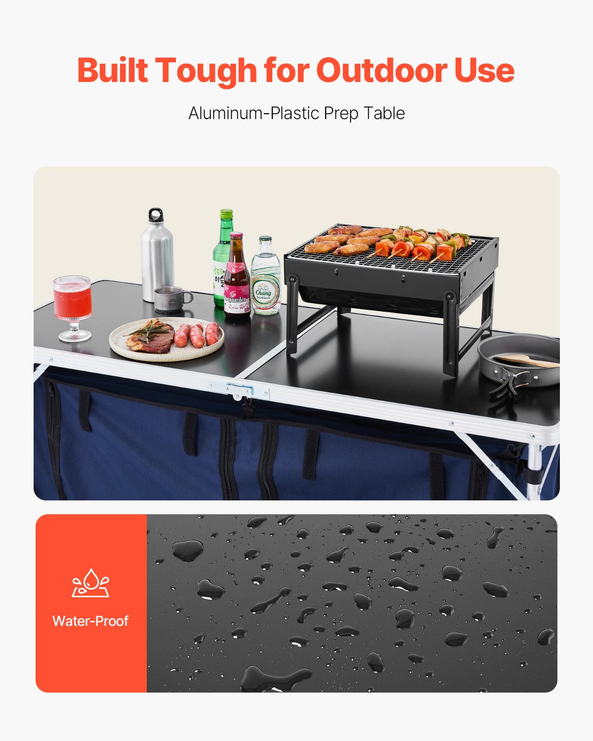 Folding camping kitchen table with adjustable height – 3 positions, portable cooking station