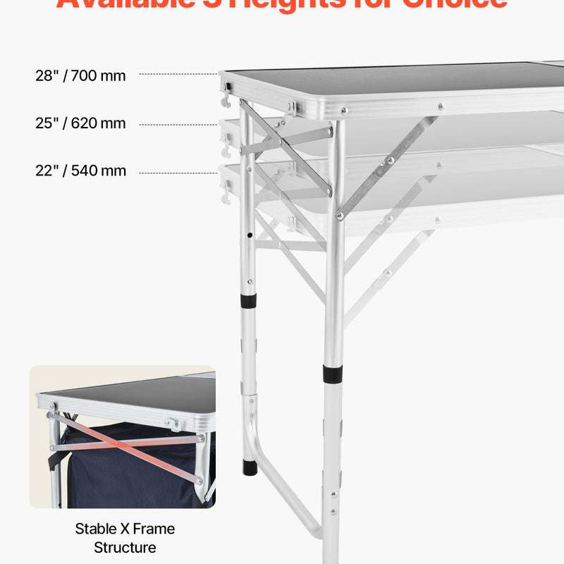 Saliekams kempinga virtuves galds ar regulējamu augstumu – 3 pozīcijas, portatīva gatavošanas stacija