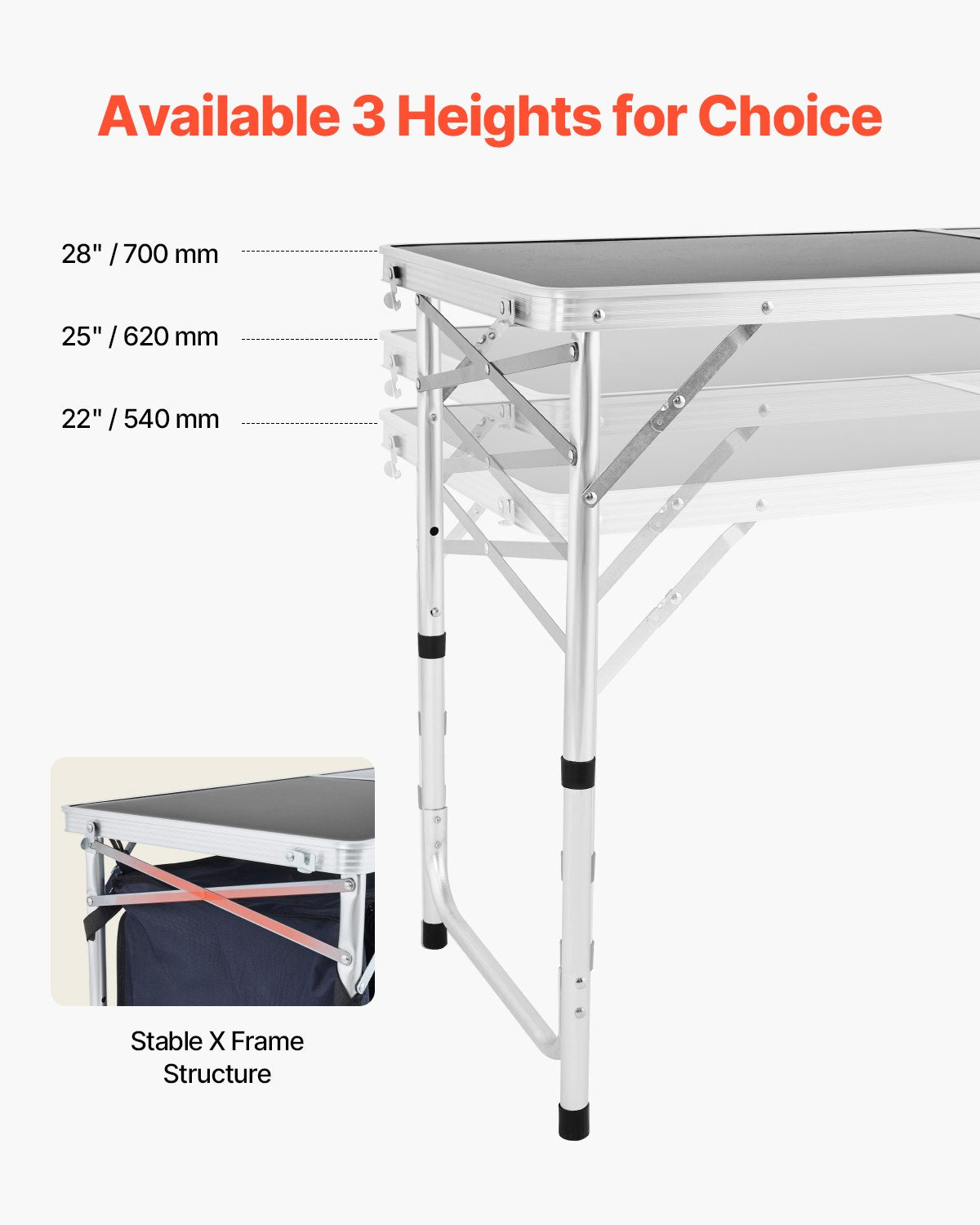 Folding camping kitchen table with adjustable height – 3 positions, portable cooking station