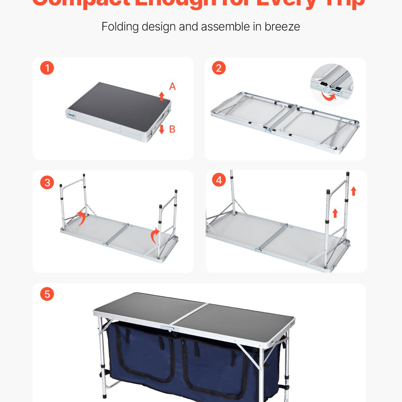 Saliekams kempinga virtuves galds ar regulējamu augstumu – 3 pozīcijas, portatīva gatavošanas stacija