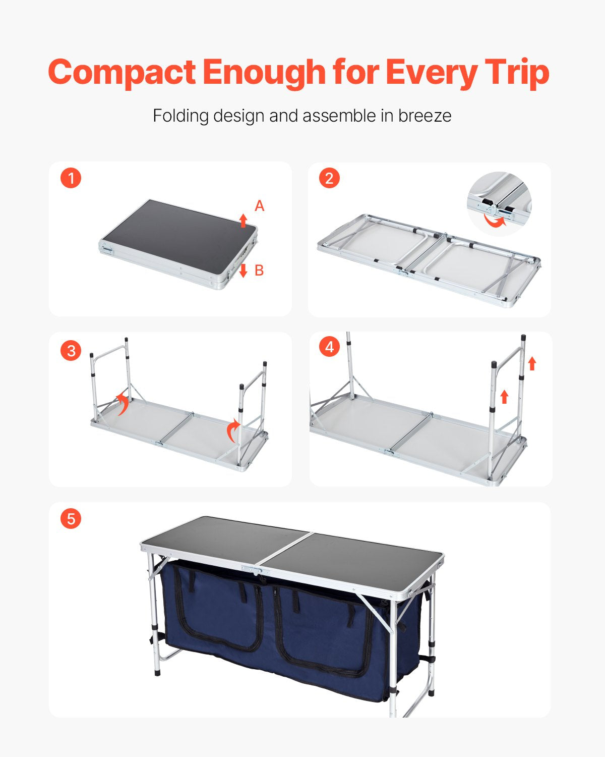 Folding camping kitchen table with adjustable height – 3 positions, portable cooking station