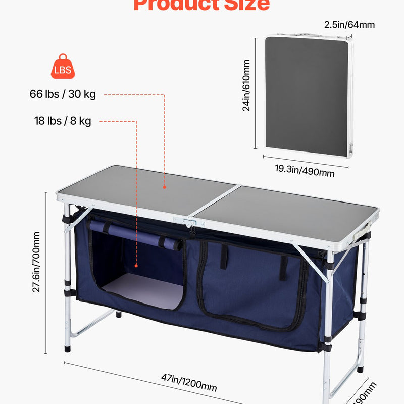 Saliekams kempinga virtuves galds ar regulējamu augstumu – 3 pozīcijas, portatīva gatavošanas stacija