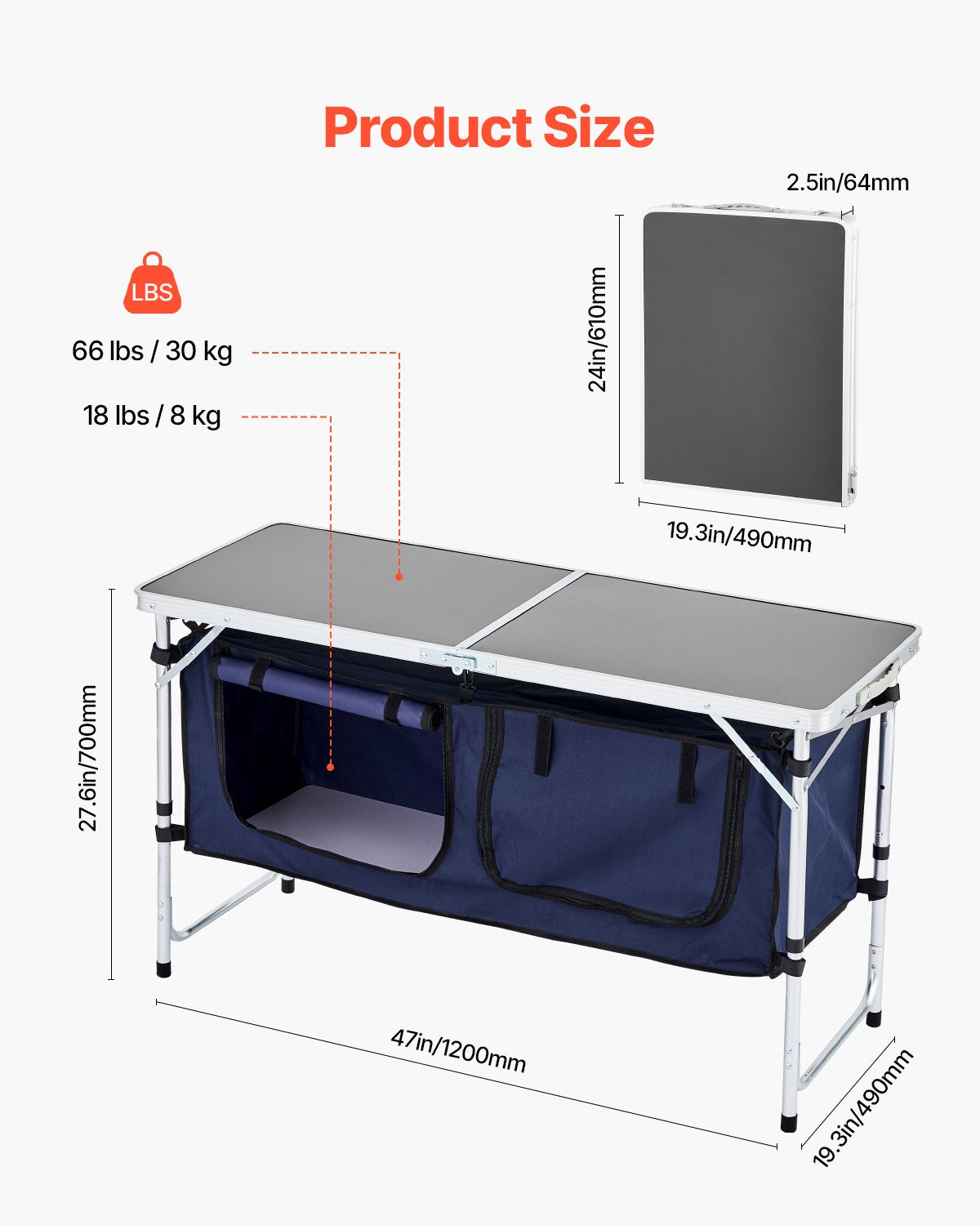 Folding camping kitchen table with adjustable height – 3 positions, portable cooking station