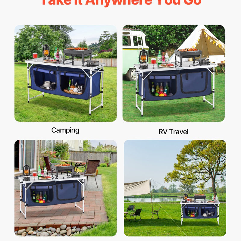 Saliekams kempinga virtuves galds ar regulējamu augstumu – 3 pozīcijas, portatīva gatavošanas stacija