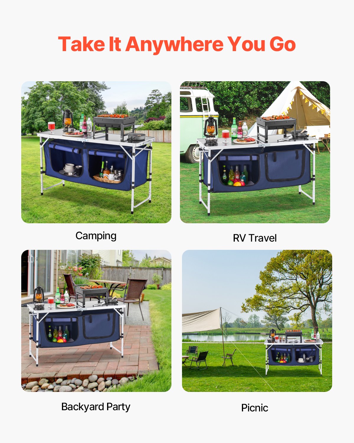 Folding camping kitchen table with adjustable height – 3 positions, portable cooking station