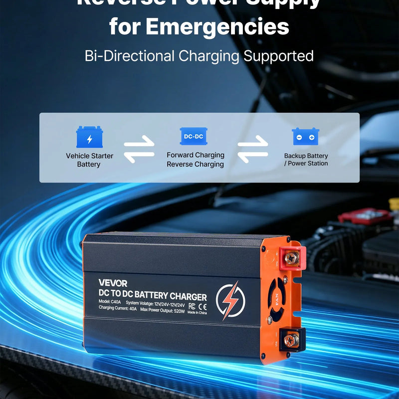 VEVOR DC–DC akumulatora lādētājs 520 W 40 A ar alternatora uzlādi LiFePO4, svina - skābes, AGM un GEL akumulatoriem RV, automašīnām un rezerves barošanai mājās - ZEMLETES.LV
