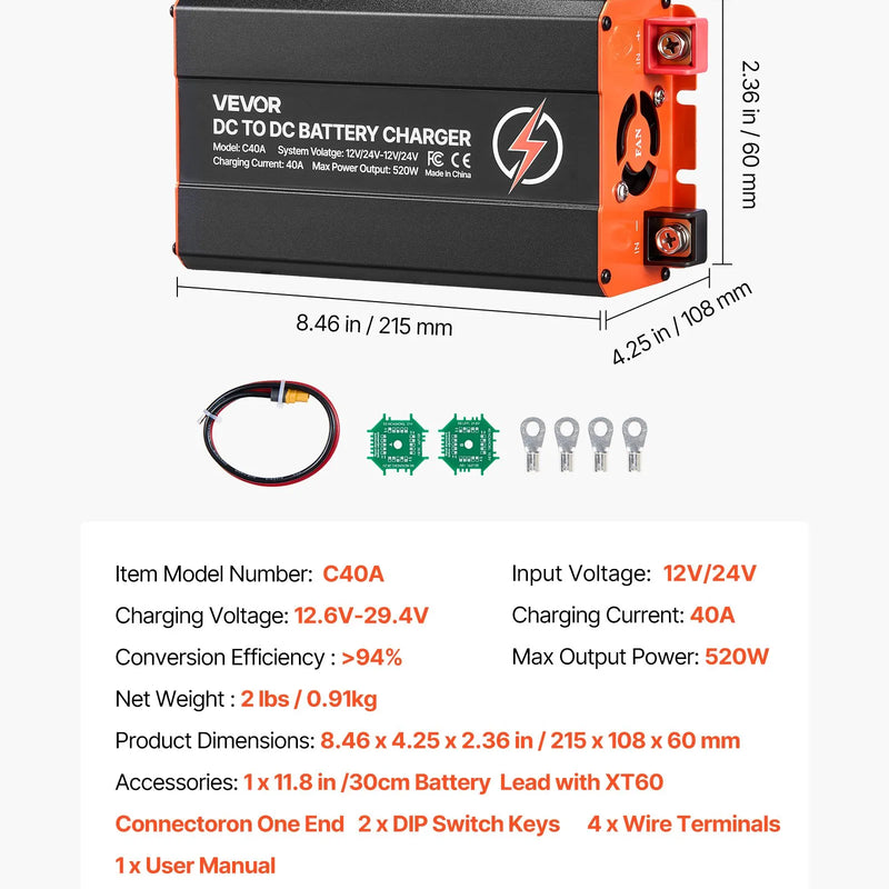 VEVOR DC–DC akumulatora lādētājs 520 W 40 A ar alternatora uzlādi LiFePO4, svina - skābes, AGM un GEL akumulatoriem RV, automašīnām un rezerves barošanai mājās - ZEMLETES.LV