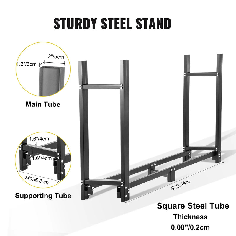 VEVOR malkas statīvs ar pārsegu un kamīna instrumentu komplektu, 2,44 m āra malkas turētājs, melna tērauda konstrukcija, kravnesība līdz 590 kg, malkas uzglabāšana