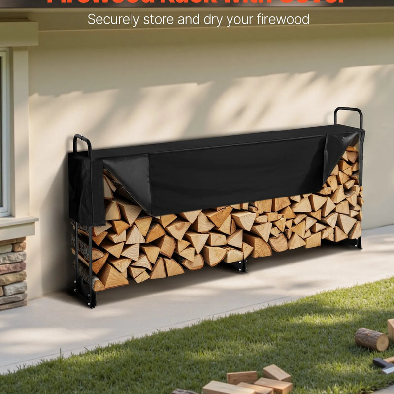 VEVOR āra malkas statīvs ar 600D Oxford ūdensizturīgu pārsegu, 2,4 m malkas turētājs, 1/2 korda ietilpība, izmēri 244 × 36 × 117 cm, pastiprināta tērauda konstrukcija kamīnam un terasei