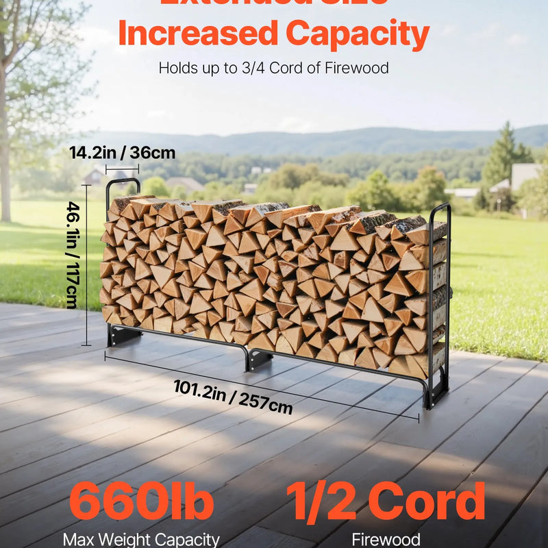 VEVOR āra malkas statīvs ar 600D Oxford ūdensizturīgu pārsegu, 2,4 m malkas turētājs, 1/2 korda ietilpība, izmēri 244 × 36 × 117 cm, pastiprināta tērauda konstrukcija kamīnam un terasei