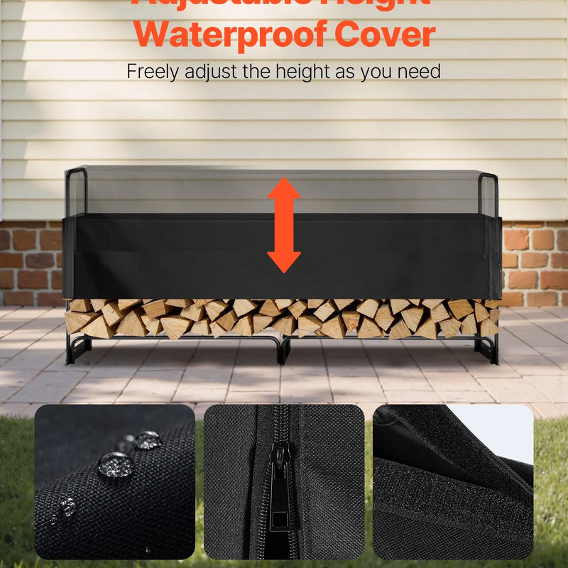 VEVOR āra malkas statīvs ar 600D Oxford ūdensizturīgu pārsegu, 2,4 m malkas turētājs, 1/2 korda ietilpība, izmēri 244 × 36 × 117 cm, pastiprināta tērauda konstrukcija kamīnam un terasei