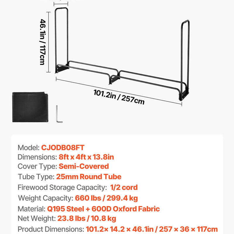 VEVOR āra malkas statīvs ar 600D Oxford ūdensizturīgu pārsegu, 2,4 m malkas turētājs, 1/2 korda ietilpība, izmēri 244 × 36 × 117 cm, pastiprināta tērauda konstrukcija kamīnam un terasei