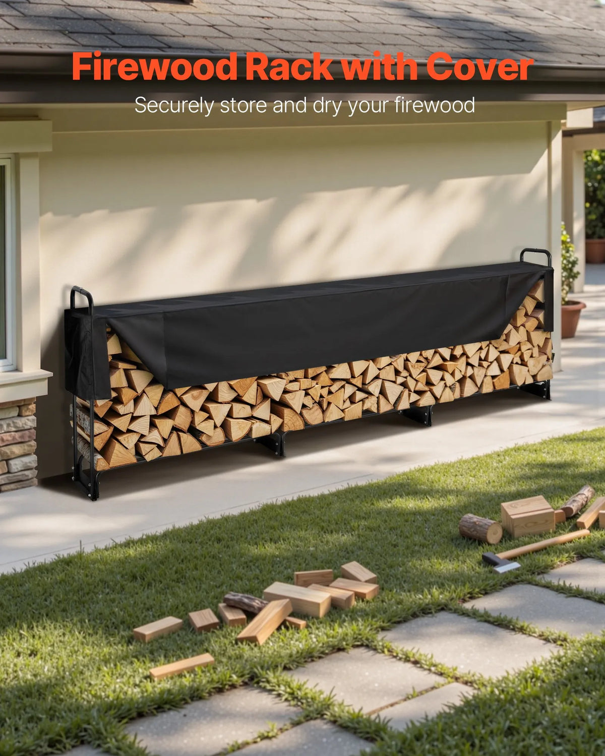VEVOR Outdoor Firewood Rack with Cover, 3.9 m, 386 × 36 × 117 cm, Reinforced Firewood Holder with 600D Oxford Waterproof Cover, for Fireplace and Indoor/Outdoor Wood Storage, 3/4 Cord