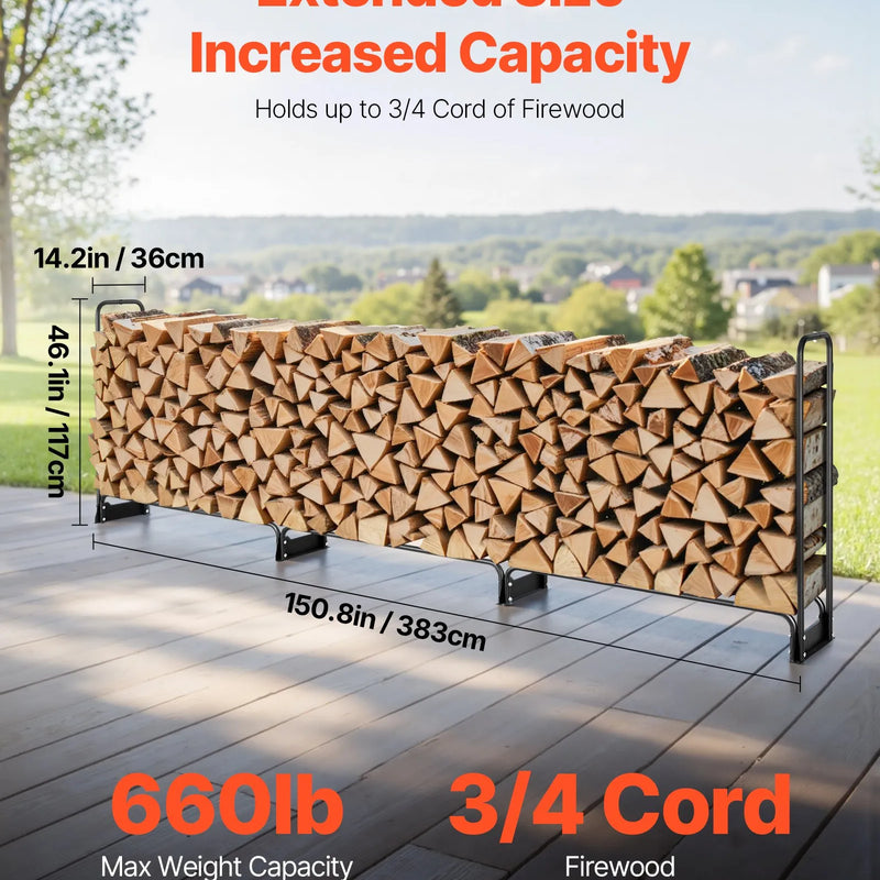 VEVOR āra malkas statīvs ar pārsegu, 3,9 m, izmēri 386 × 36 × 117 cm, pastiprināts malkas turētājs ar 600D Oxford ūdensizturīgu pārsegu, kamīnam un iekštelpu/āra malkas glabāšanai, 3/4 korda