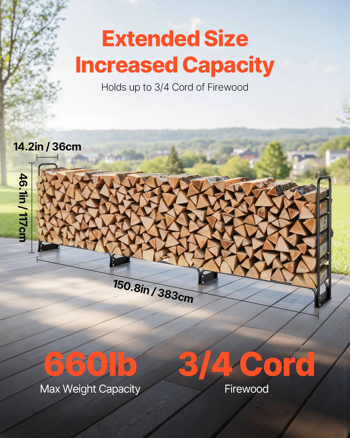 VEVOR Outdoor Firewood Rack with Cover, 3.9 m, 386 × 36 × 117 cm, Reinforced Firewood Holder with 600D Oxford Waterproof Cover, for Fireplace and Indoor/Outdoor Wood Storage, 3/4 Cord