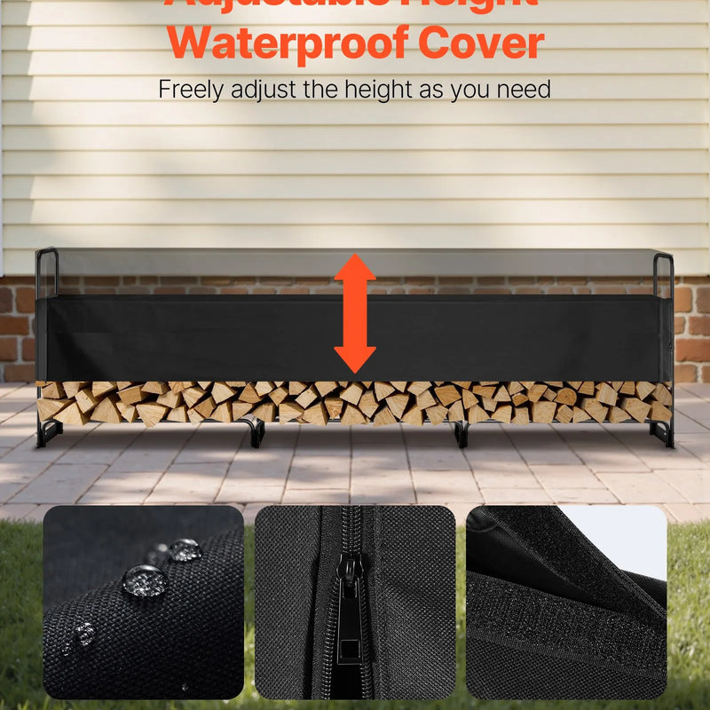 VEVOR āra malkas statīvs ar pārsegu, 3,9 m, izmēri 386 × 36 × 117 cm, pastiprināts malkas turētājs ar 600D Oxford ūdensizturīgu pārsegu, kamīnam un iekštelpu/āra malkas glabāšanai, 3/4 korda