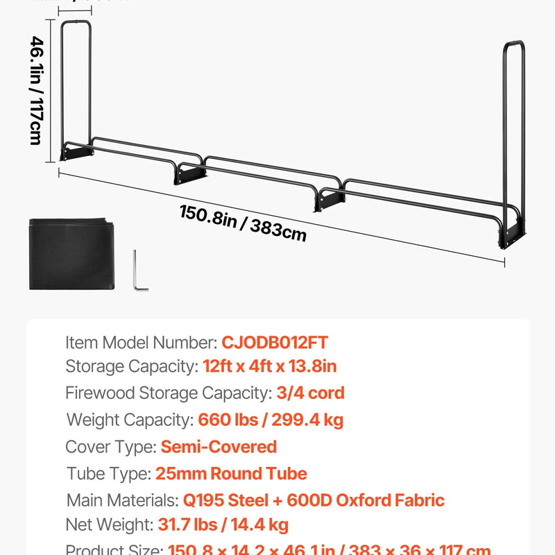 VEVOR āra malkas statīvs ar pārsegu, 3,9 m, izmēri 386 × 36 × 117 cm, pastiprināts malkas turētājs ar 600D Oxford ūdensizturīgu pārsegu, kamīnam un iekštelpu/āra malkas glabāšanai, 3/4 korda
