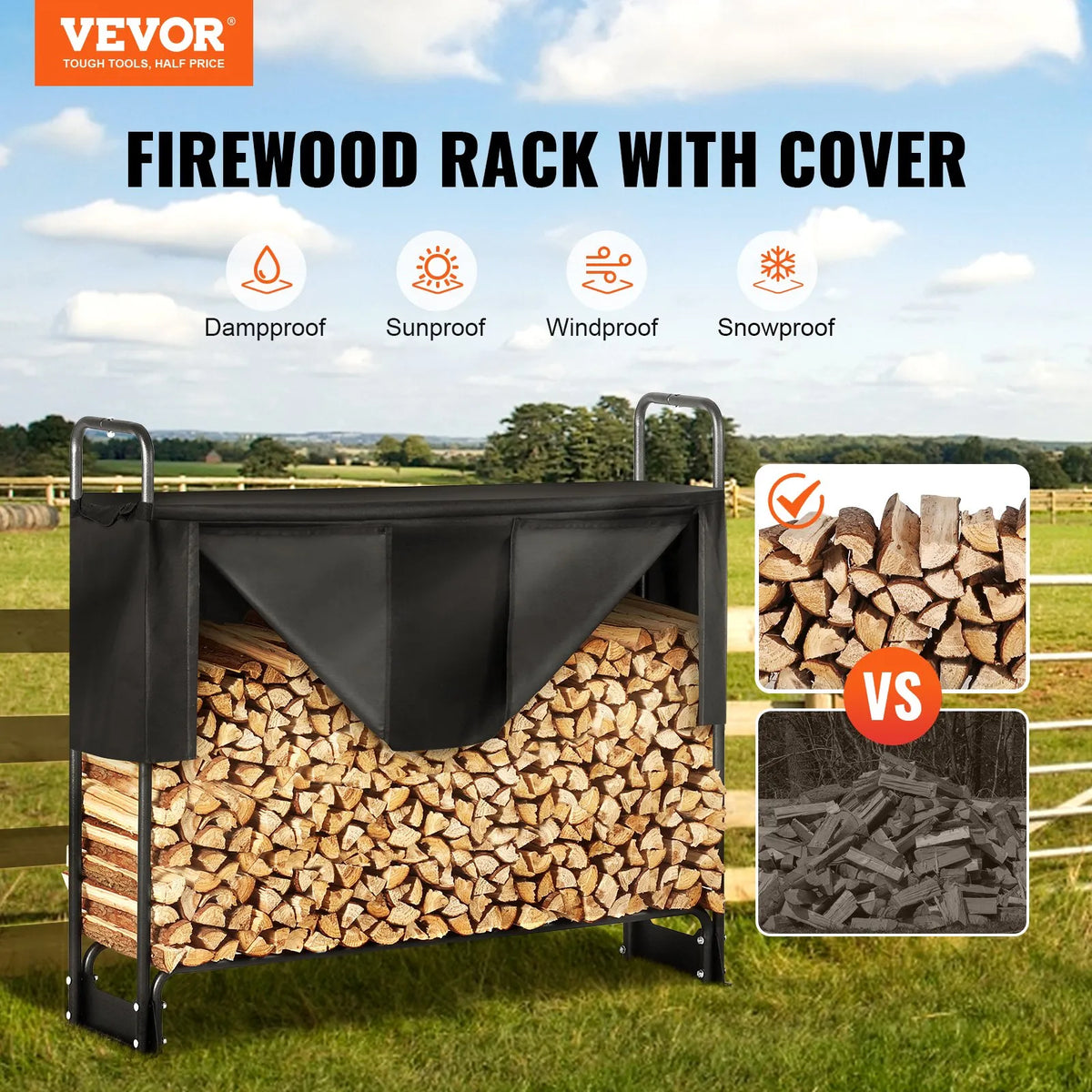 VEVOR Outdoor Firewood Rack with Cover, 132 × 36 × 117 cm, Heavy-Duty Firewood Holder with 600D Oxford Waterproof Cover, 1/4 Cord Capacity, Indoor and Outdoor Use