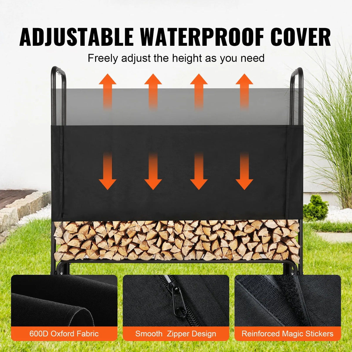 VEVOR Outdoor Firewood Rack with Cover, 132 × 36 × 117 cm, Heavy-Duty Firewood Holder with 600D Oxford Waterproof Cover, 1/4 Cord Capacity, Indoor and Outdoor Use