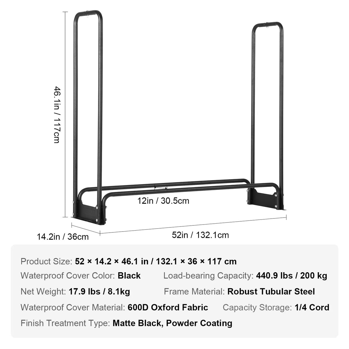 VEVOR Outdoor Firewood Rack with Cover, 132 × 36 × 117 cm, Heavy-Duty Firewood Holder with 600D Oxford Waterproof Cover, 1/4 Cord Capacity, Indoor and Outdoor Use