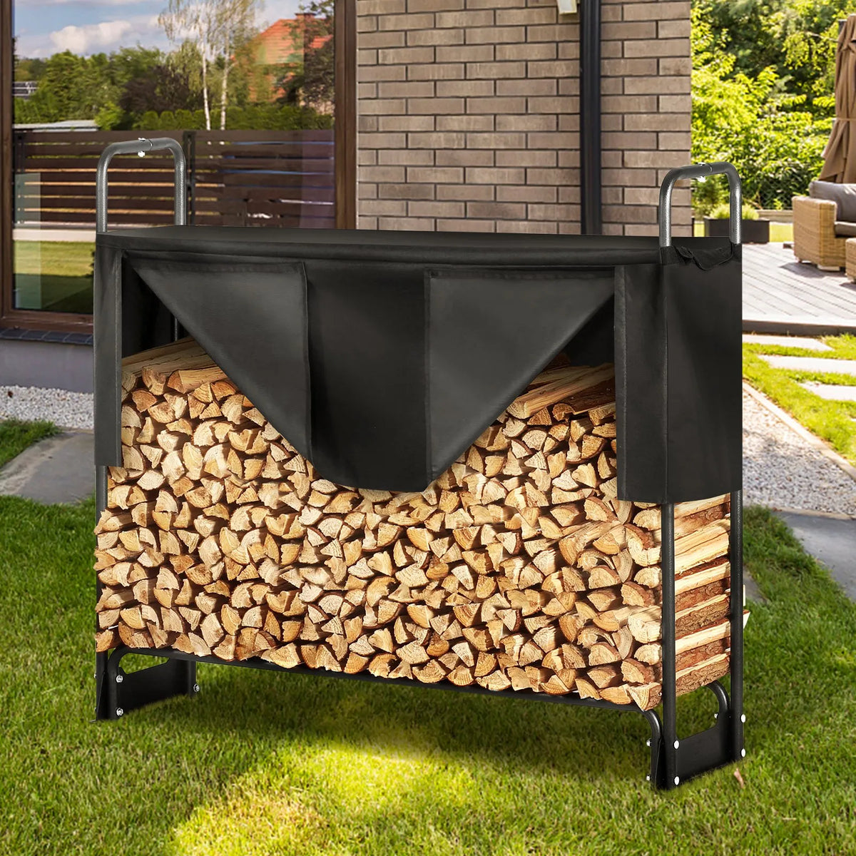 VEVOR Outdoor Firewood Rack with Cover, 132 × 36 × 117 cm, Heavy-Duty Firewood Holder with 600D Oxford Waterproof Cover, 1/4 Cord Capacity, Indoor and Outdoor Use