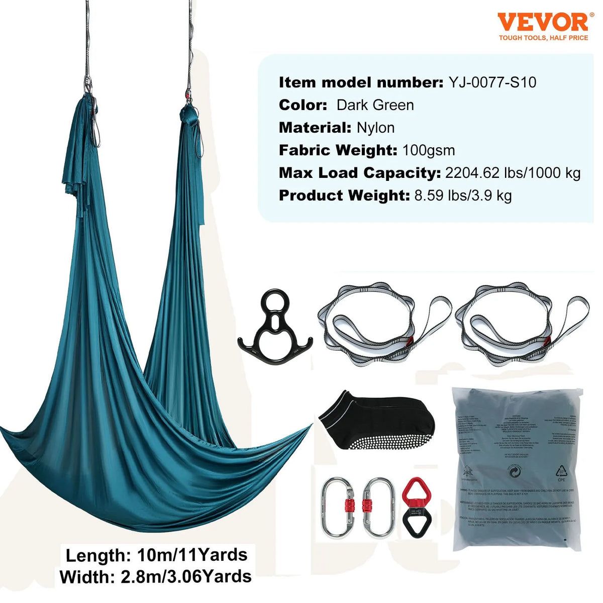 VEVOR Aerial Yoga Fabric 10.1 m, 100 g/m² Nylon, with Mounting Kit, Green