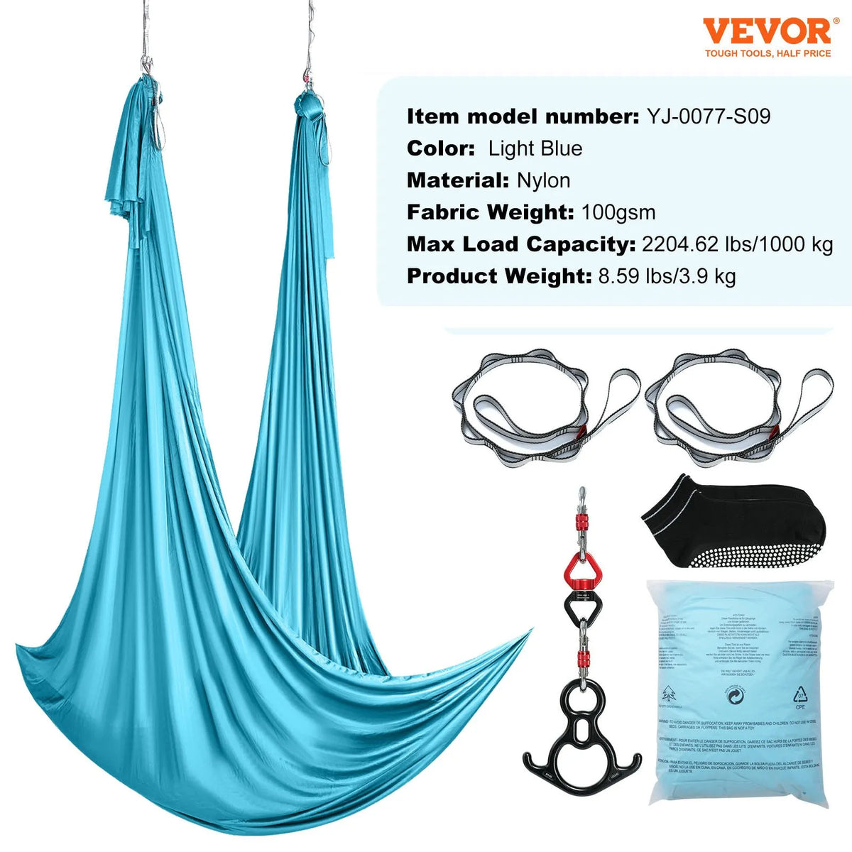 VEVOR aerojooga kangas 10,1 m, 100 g/m² nailon, kinnituskomplektiga, sinine