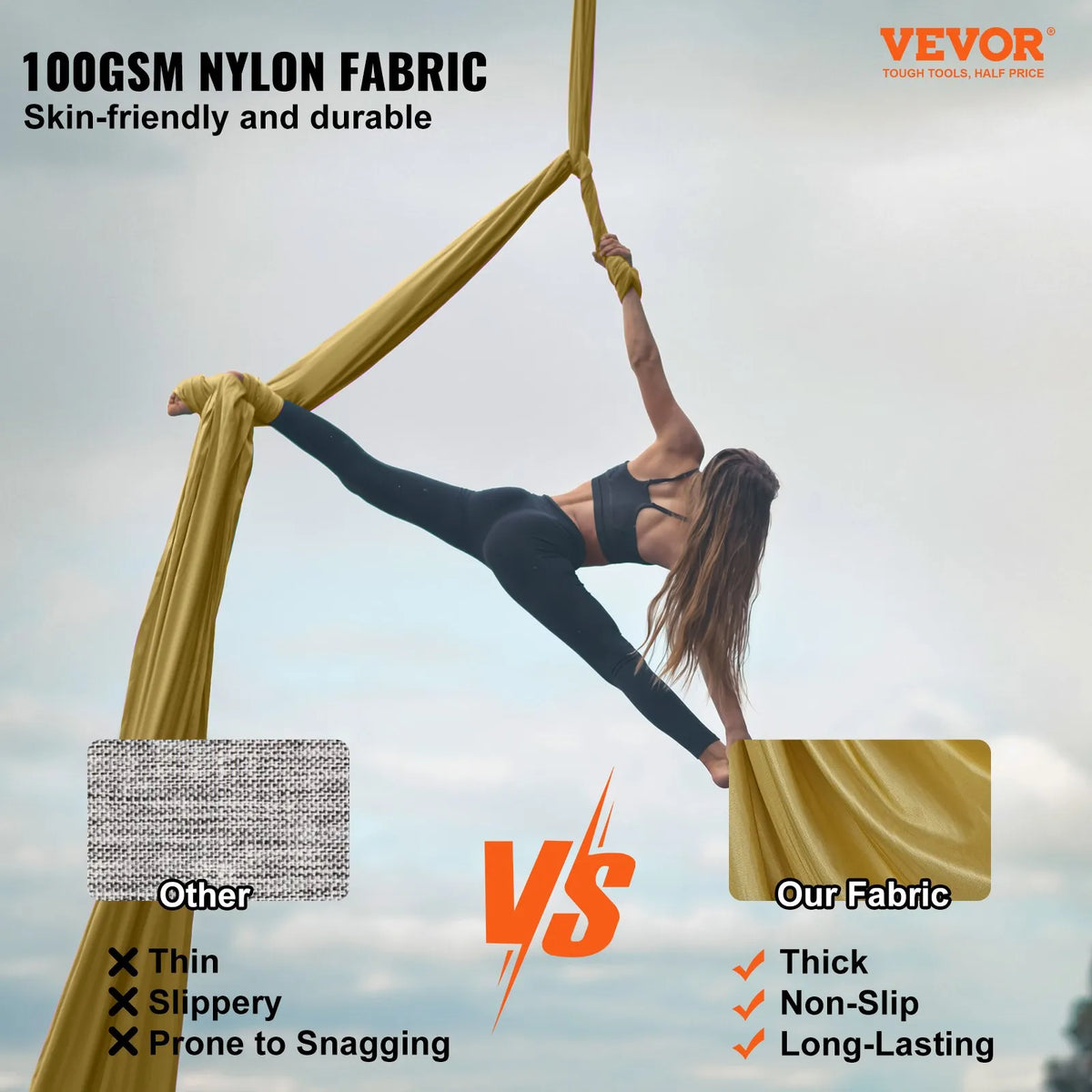 VEVOR aerojooga kiik 4,02 m, 100 gsm nailon, algajate komplekt kinnitustega, kuldne