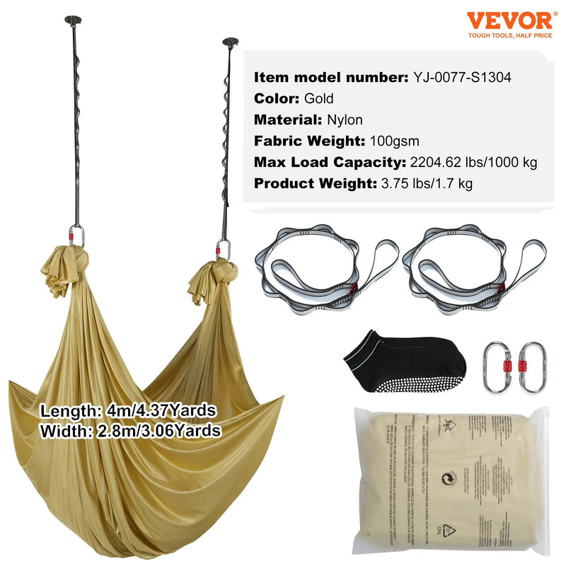 Gaisa jogas šūpoles un šūpulis, 4,02 m, iesācēju komplekts ar 100 gsm neilona audumu, pilns stiprinājumu komplekts un viegla uzstādīšanas instrukcija, pretgravitācijas lidojums visiem fitnesa līmeņiem, zelta krāsa