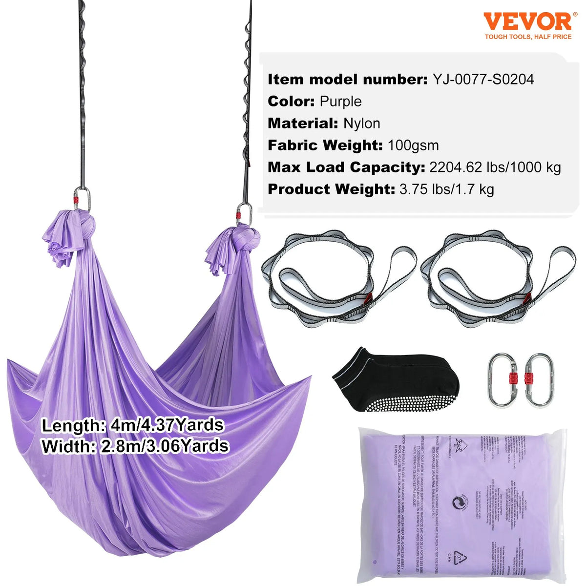 VEVOR Aerial Yoga Hammock 4.0 m, 100 g/m² Nylon, with Mounting Kit, Purple