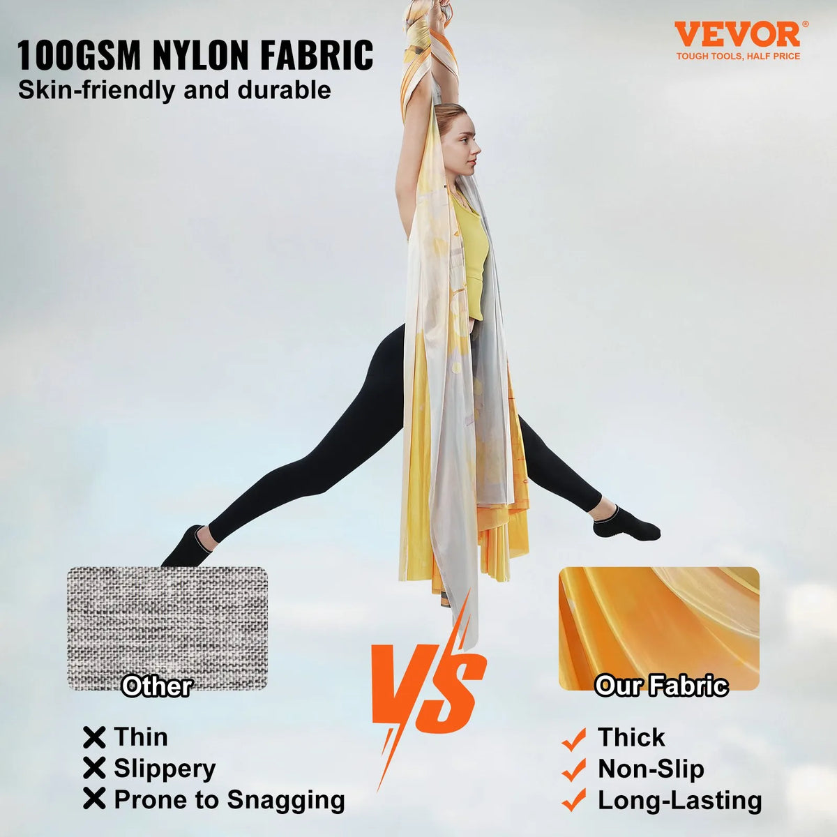 VEVOR Aerial Yoga Hammock 5.0 m, 100 g/m² Nylon, with Mounting Kit, Gold