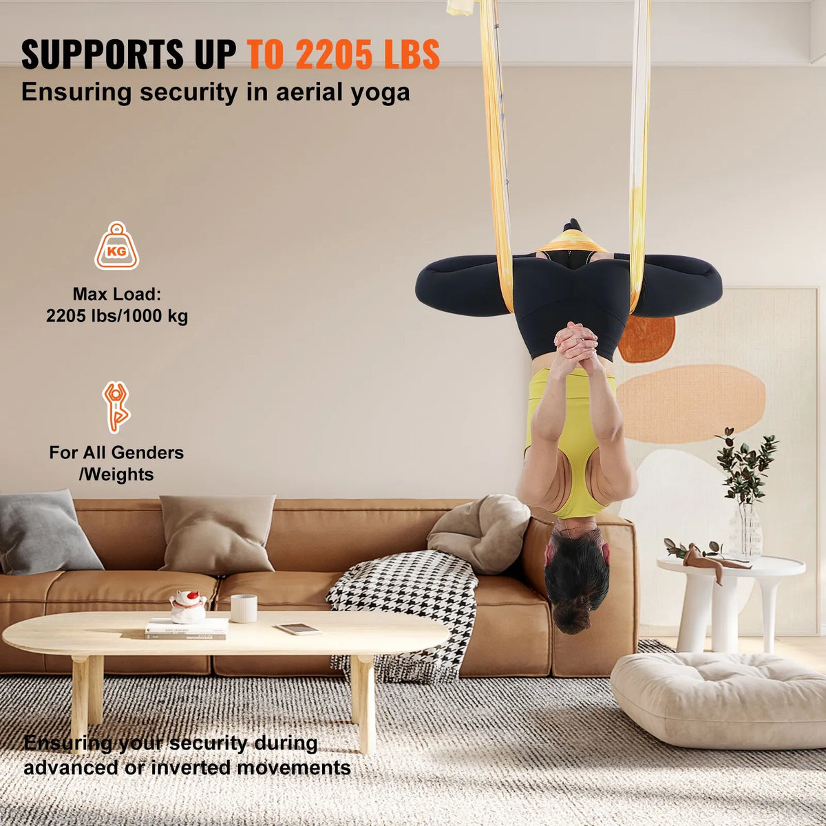 VEVOR Aerial Yoga Hammock 5.0 m, 100 g/m² Nylon, with Mounting Kit, Gold