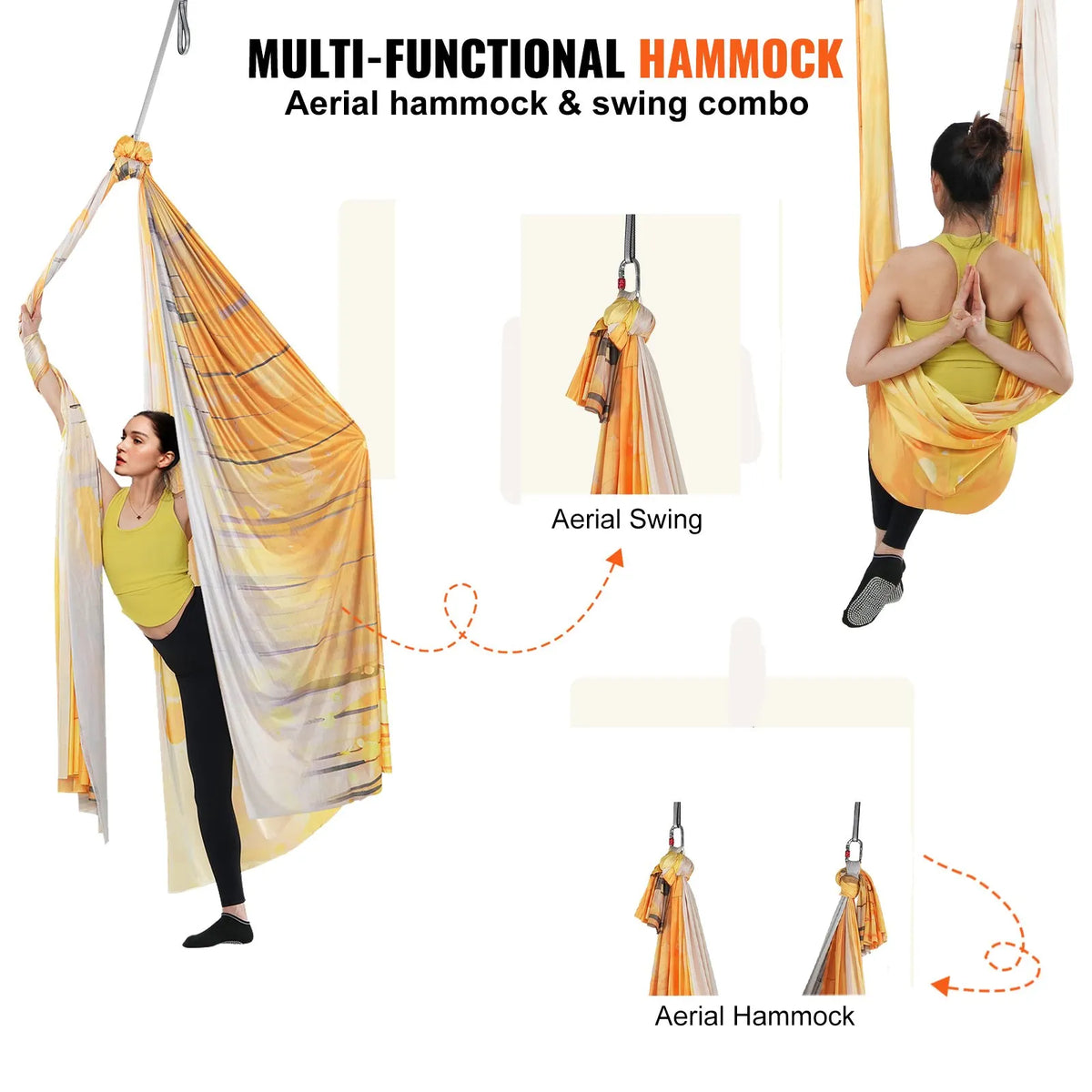 VEVOR Aerial Yoga Hammock 5.0 m, 100 g/m² Nylon, with Mounting Kit, Gold