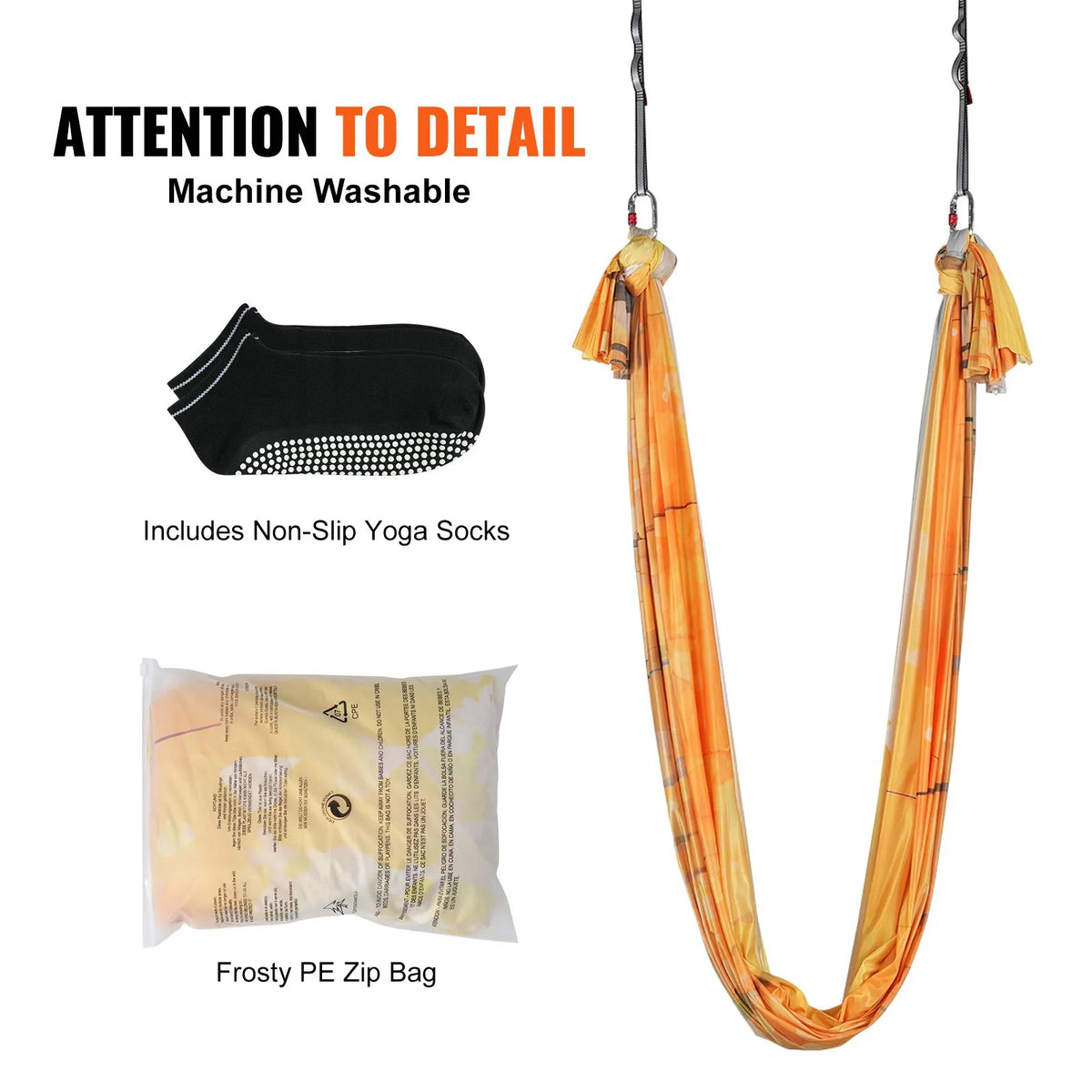 VEVOR Aerial Yoga Hammock 5.0 m, 100 g/m² Nylon, with Mounting Kit, Gold