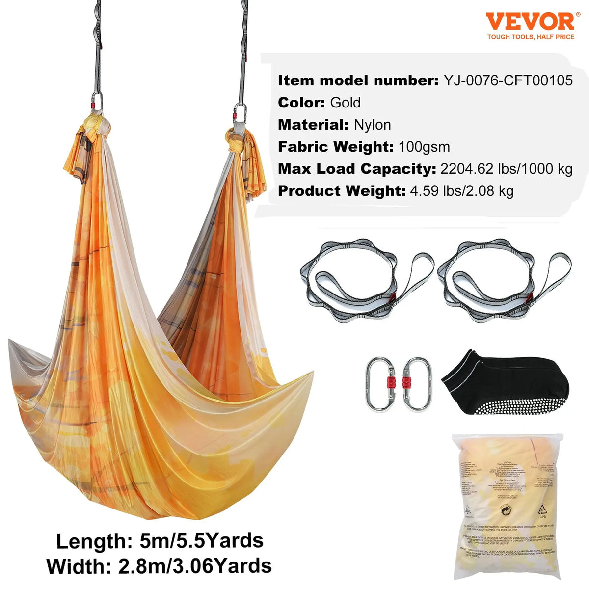 VEVOR Aerial Yoga Hammock 5.0 m, 100 g/m² Nylon, with Mounting Kit, Gold