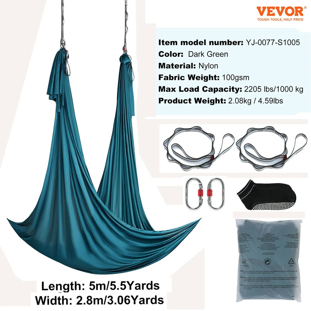 VEVOR Aerial Yoga Swing 5.03 m, 100 gsm Nylon, Beginner Kit with Mounting Hardware, Green