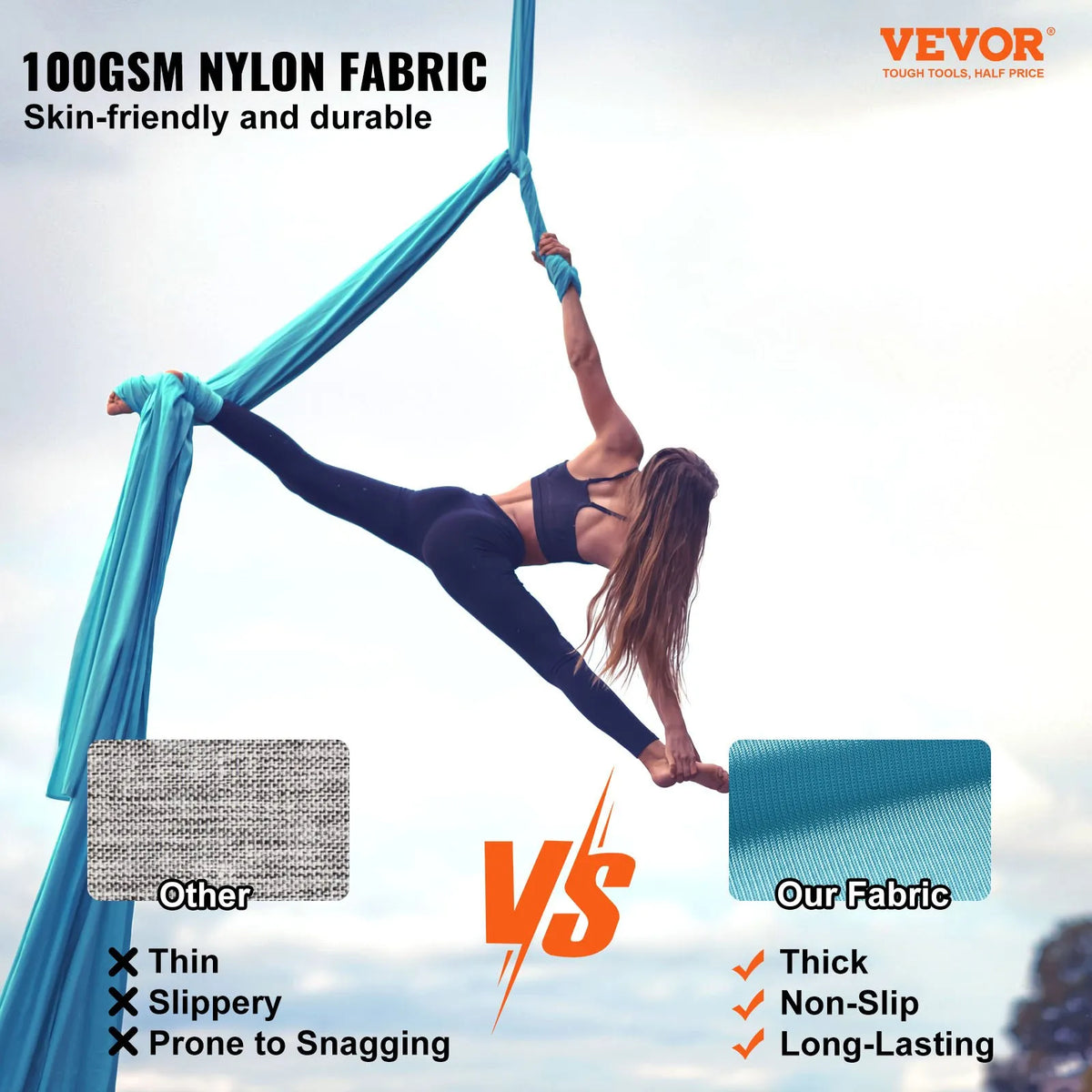 VEVOR aerojooga kiik 5,03 m, 100 gsm nailon, algajate komplekt kinnitustega, sinine