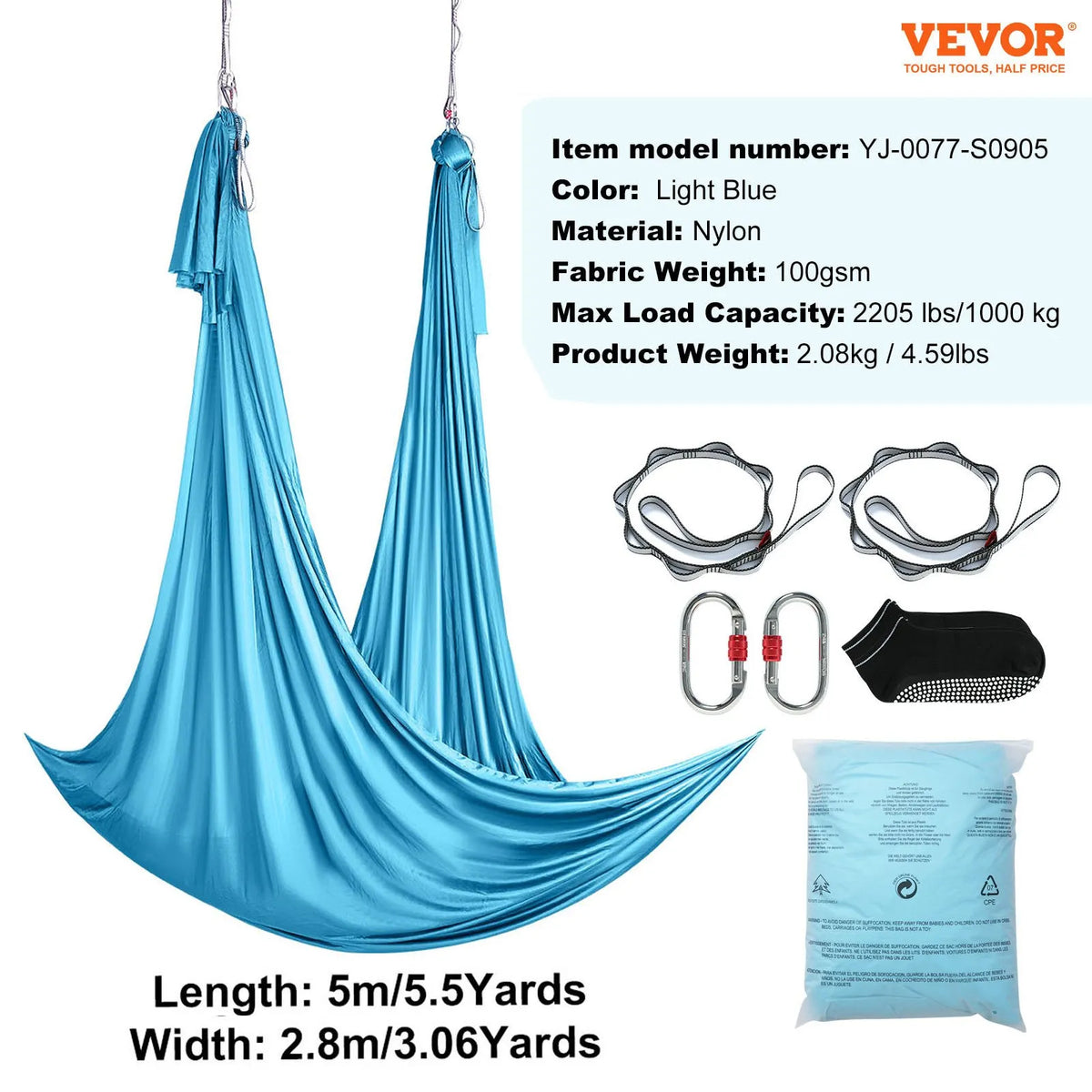 VEVOR aerojooga kiik 5,03 m, 100 gsm nailon, algajate komplekt kinnitustega, sinine