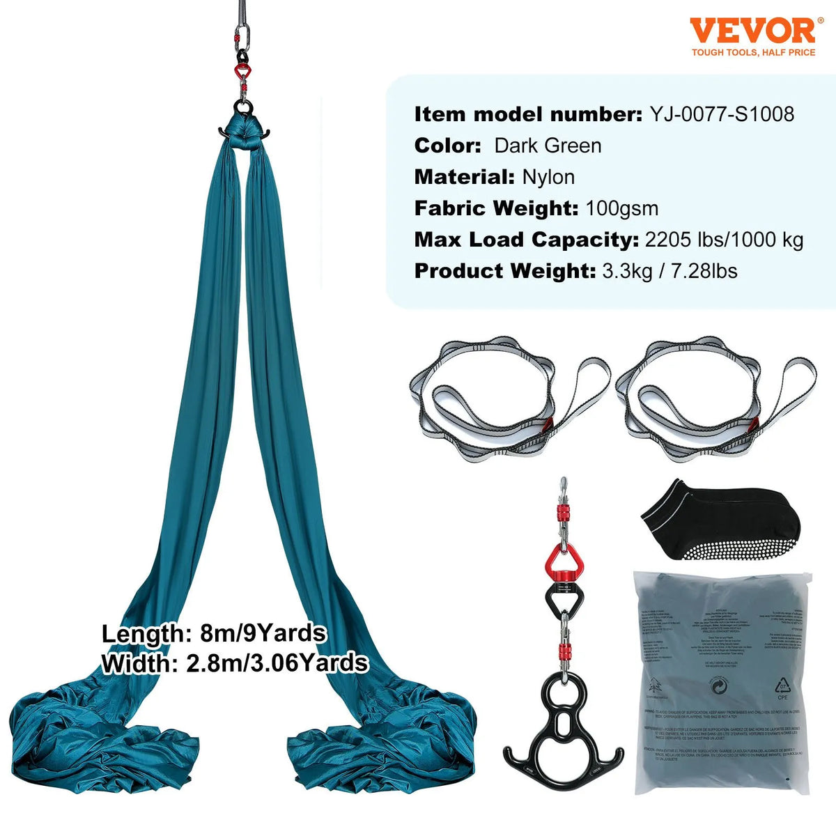 VEVOR aerojooga kangas 8,0 m, 100 g/m² nailon, kinnituskomplektiga, roheline