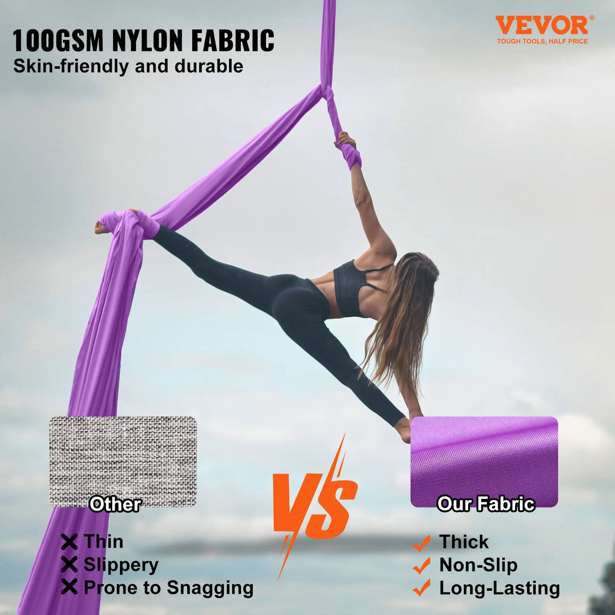 VEVOR aerojooga kangas 7,96 m, 100 gsm nailon, kinnituskomplektiga, lilla