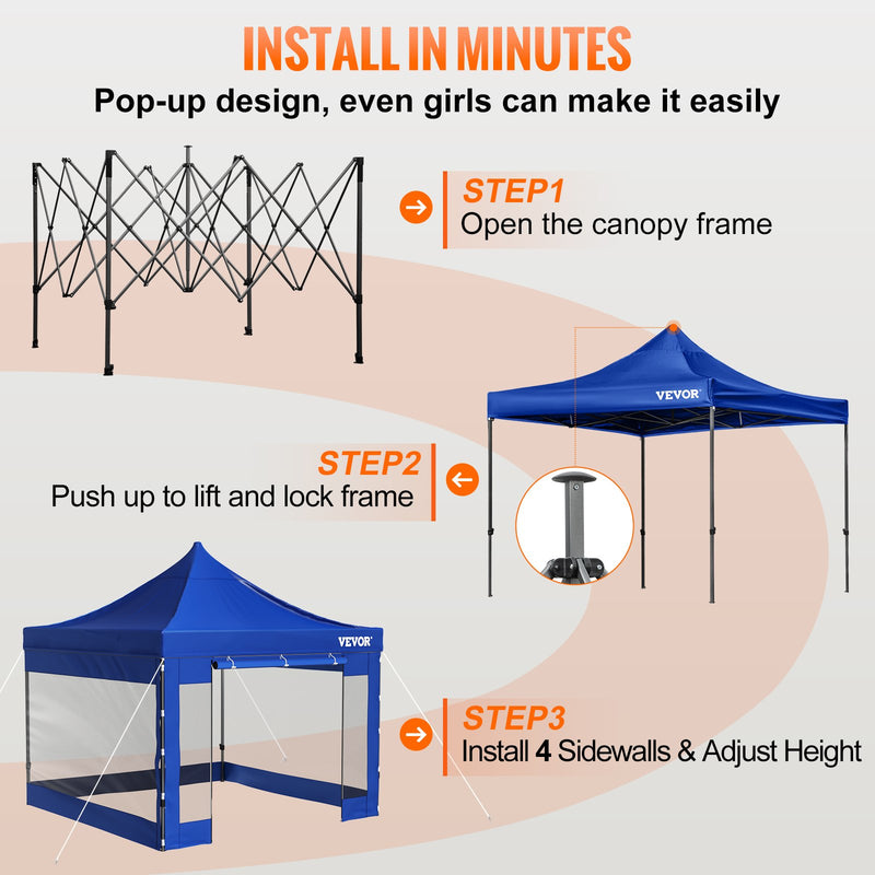 VEVOR  3 x 3 m Pop-Up Gazebo Nojume Regulējams augstums | Ērta uzstādīšana | Kompakta uzglabāšana, ar Noņemamām Sienām un Ratiņsomu, UV izturīga un ūdensnecaurlaidīga, piemērota ballītēm, dārzam un pagalmam, zila