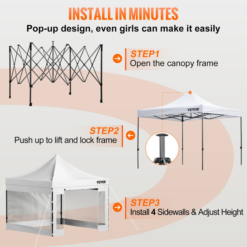 VEVOR  3 x 3 m Pop-Up Gazebo Nojume Regulējams augstums | Ērta uzstādīšana | Kompakta uzglabāšana, ar Noņemamām Sienām un Ratiņsomu, UV izturīga un ūdensnecaurlaidīga, piemērota ballītēm, dārzam un pagalmam, balta