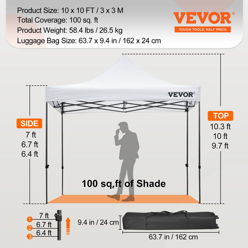 VEVOR  3 x 3 m Pop-Up Gazebo Nojume Regulējams augstums | Ērta uzstādīšana | Kompakta uzglabāšana, ar Noņemamām Sienām un Ratiņsomu, UV izturīga un ūdensnecaurlaidīga, piemērota ballītēm, dārzam un pagalmam, balta