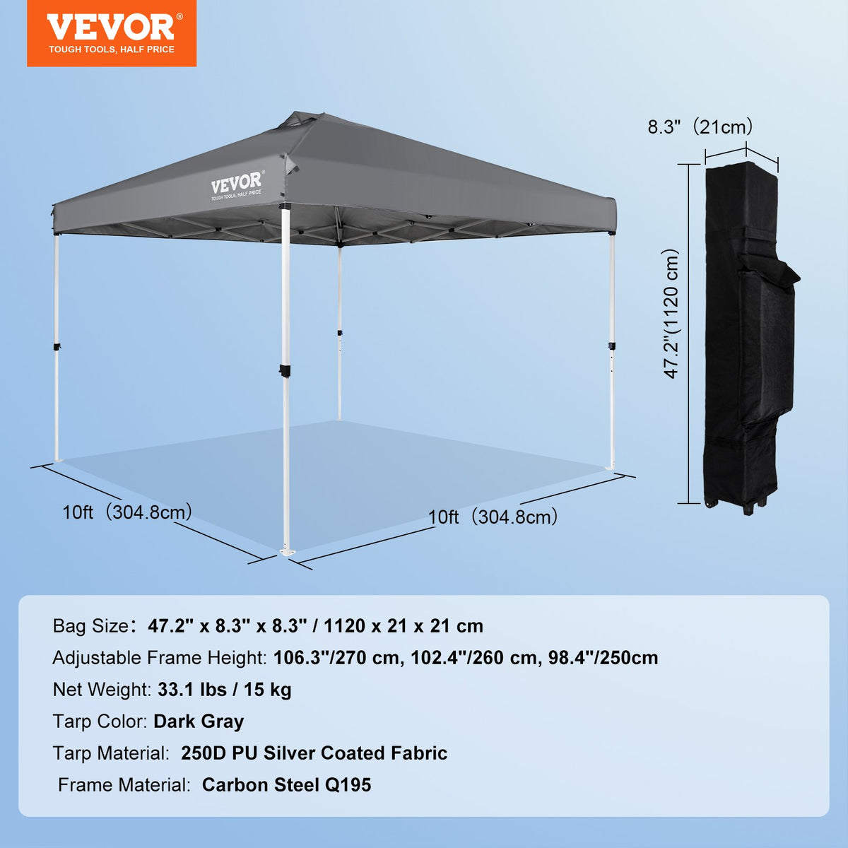 VEVOR Retractable Canopy 305 x 305 cm, Equipped with Wheel Storage Bag and Specialised Accessory Bag, Dark Grey