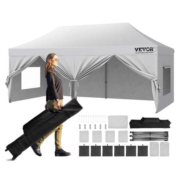 VEVOR Pop-Up 305 x 610 cm izvelkamā nojumes telts ar sānu sienām ērti uzņem 12–16 cilvēkus, balta