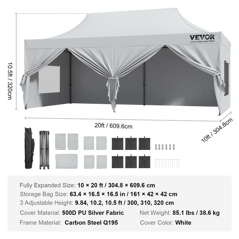 VEVOR Pop-Up 305 x 610 cm izvelkamā nojumes telts ar sānu sienām ērti uzņem 12–16 cilvēkus, balta